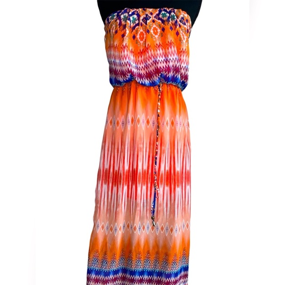 Vibrant Lightweight Strapless Bold Boho Print Maxi Dress Size Small - Picture 5 of 6
